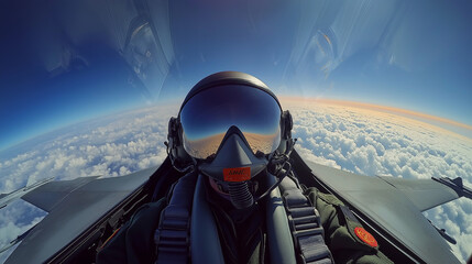 Fototapeta premium Fighter pilot in cockpit flying above the clouds with reflective helmet visor capturing the sky.