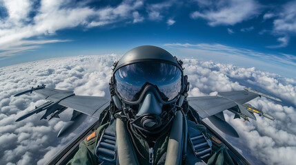 Fighter pilot in cockpit flying above the clouds with reflective helmet visor capturing the sky.