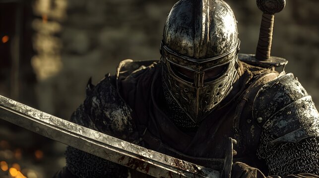 46. **A crusader with a large sword and full plate armor, poised for battle