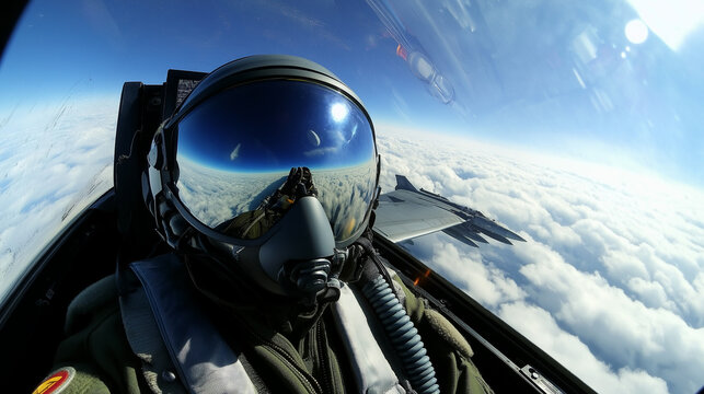 Fighter pilot in cockpit flying above the clouds with reflective helmet visor capturing the sky.