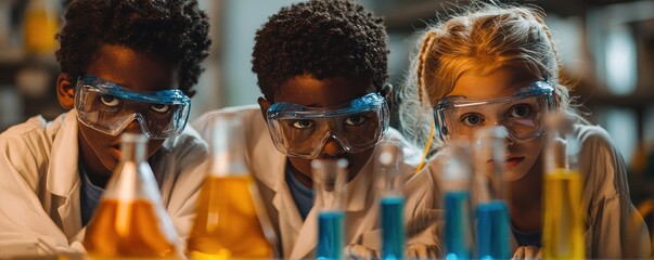 Curious young scientists engaged in a chemistry experiment with beakers in a laboratory setting