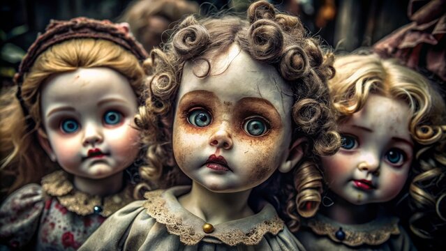 * Eerie abandoned dolls eyes staring with dead soulful gaze