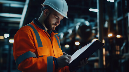 Industrial engineer wearing a hard hat and high-visibility jacket using a tablet in a large factory.