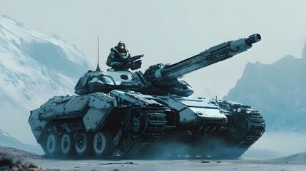 49. **A tank commander in a futuristic exosuit, ready for combat