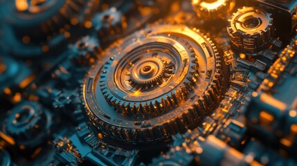 Intricate arrangement of gears, highlighting mechanical design concepts,illustrator 3D 
