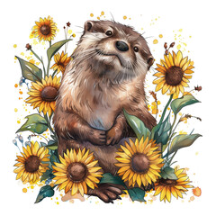 A playful otter rolls in a field of sunflowers with a dark background.
