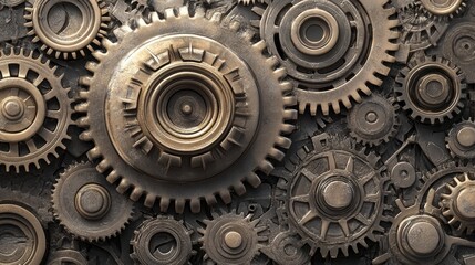 Intricate arrangement of gears, highlighting mechanical design concepts,illustrator 3D 