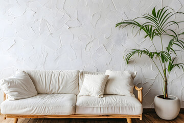 Bright and cozy modern living room interior have sofa and plant with white plaster wall. Generative Ai.