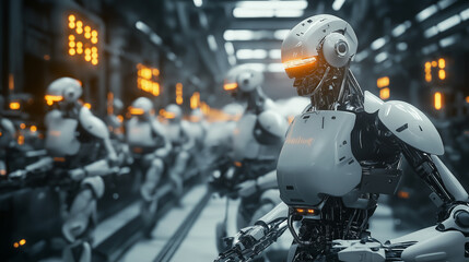 Futuristic robots working in an assembly line in a high-tech factory environment.