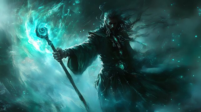 38. **A powerful sorcerer in mystical attire, wielding an arcane staff