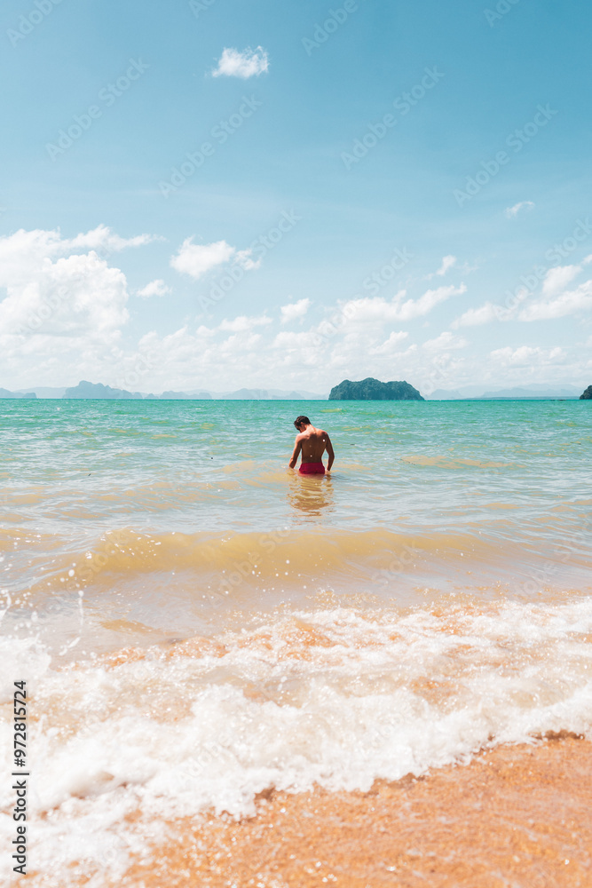 Wall mural person on the beach in the water