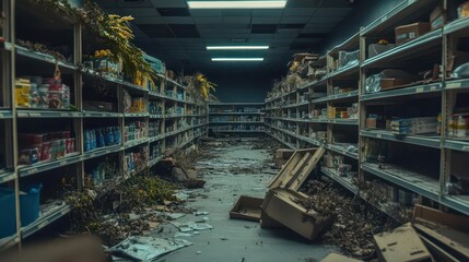 desolate supermarket aisle with crumbling shelves flickering lights and overgrown plants eerie atmosphere with muted colors and long shadows conveying abandonment and decay