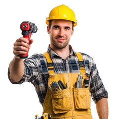 Fototapeta premium A handyman holding a drill and gesturing as if preparing to use it. isolated on transparency background