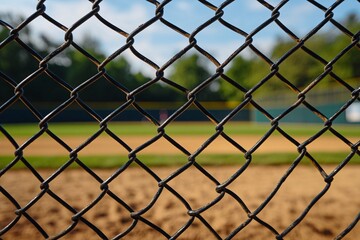 Fototapeta premium Close-up view of a chain link fence surrounding a baseball field during a sunny afternoon