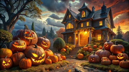 Obraz premium * Frightening giant pumpkins jack o lanterns haunted house halloween decorations spooky autumnal colors orange and yellow