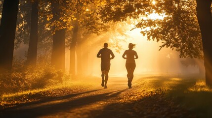 diverse couple in athleisure jogs through misty forest at dawn soft golden light filters through trees casting long shadows on the path
