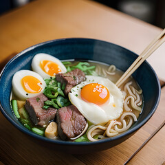 Aromatic ramen with beef or pork and eggs, served on a wooden table. Japanese noodle soup, Asian cuisine. Restaurant menu.