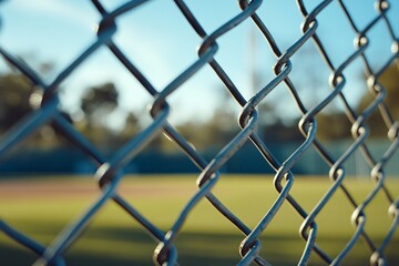 Fototapeta premium Close-up view of a chain link fence surrounding a baseball field during a sunny afternoon