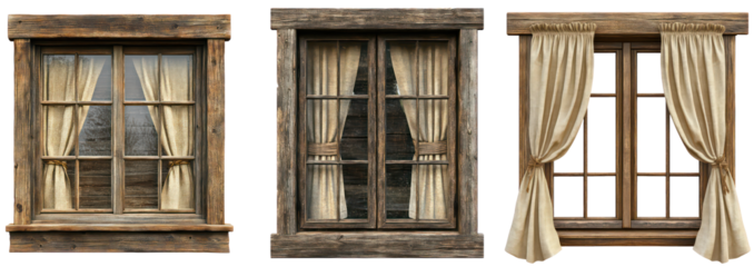 Curtains with Tassel Trim on Wooden Window Frame, Elegant Home Interior Décor Drapes, Isolated on Transparent Background