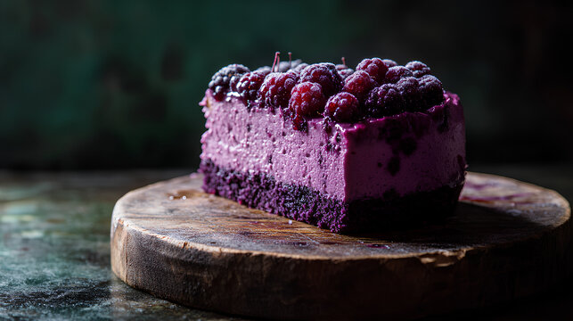 Close-up of purple berry cake slice on a worn wooden board with soft natural light and dark green background
