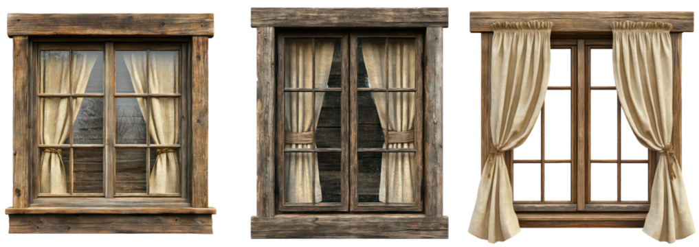 Curtains with Tassel Trim on Wooden Window Frame, Elegant Home Interior Décor Drapes, Isolated on Transparent Background