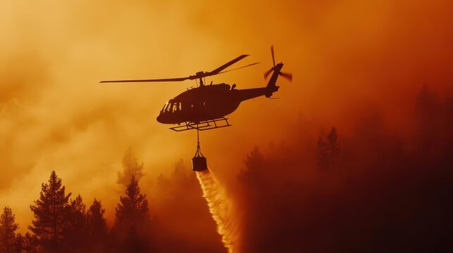 dramatic aerial view of firefighting helicopter silhouetted against smoky orange sky water bucket suspended below as it races to combat raging forest fire