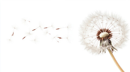 A dandelion with seeds blowing in the wind, symbolizing letting go, change, and growth, isolated on a white background