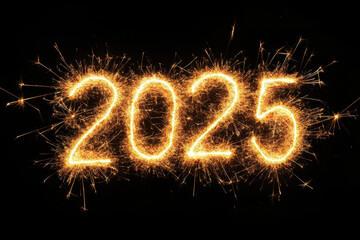 Glowing sparklers form the numbers 2025 against a pure black background, symbolizing celebration and the excitement of the New Year with vibrant energy and anticipation.