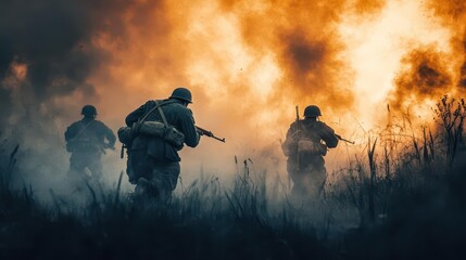 dramatic battlefield scene from world war ii with soldiers in action smoke explosions and intense lighting create a cinematic and historically accurate depiction