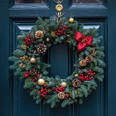 Christmas Wreath with Red Bow Hanging on Window