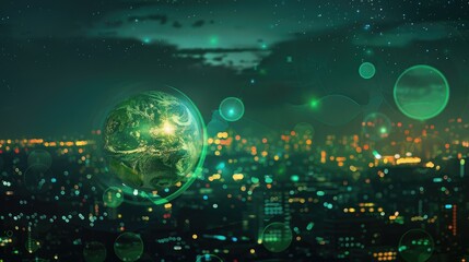 Obraz premium Abstract double exposure of the green planet Earth with glowing city lights and plants on a blurred background, concept for environment protection or World Day..