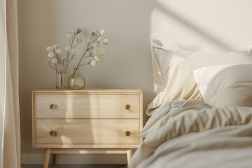 Close up of bedside cabinet near bed with beige bedding interior design 3d render. Generative Ai.