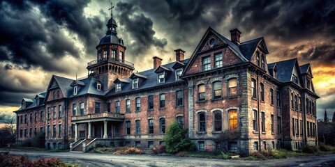Obraz premium Abandoned Insane Asylum Horror Movie Setting Shocking Twists Killer Stalking Victims Dark Past Haunted History Spooky Sounds Screaming Windows