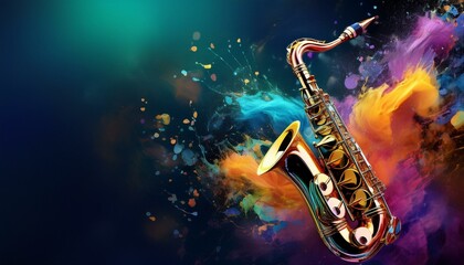 International jazz day and World Jazz festival banner with saxophone on splashing colorful background entertainment musician invitation card