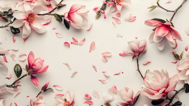 Watercolor illustration of peony and manolia pink flowers,