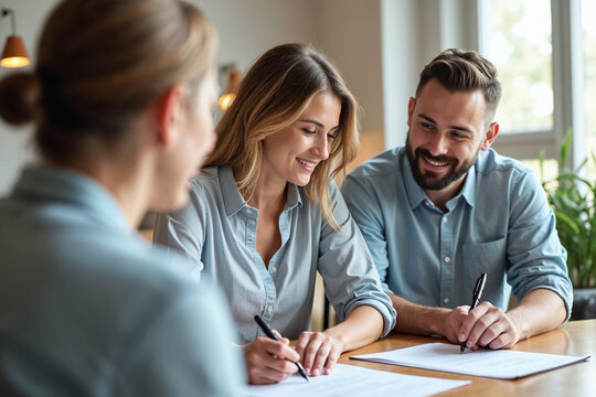 Young couple signing rental contract with real estate agent at apartment viewing