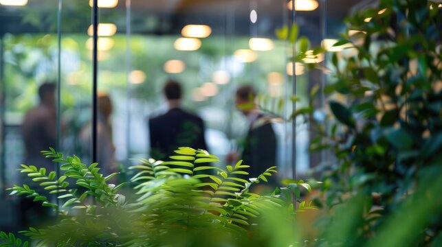 Blurred background of people walking in a modern office building with green trees and sunlight , eco friendly and ecological responsible business concept image with copy space