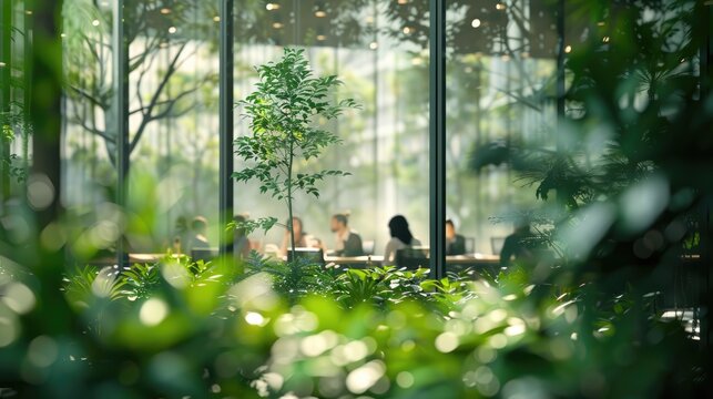Blurred background of people walking in a modern office building with green trees and sunlight , eco friendly and ecological responsible business concept image with copy space