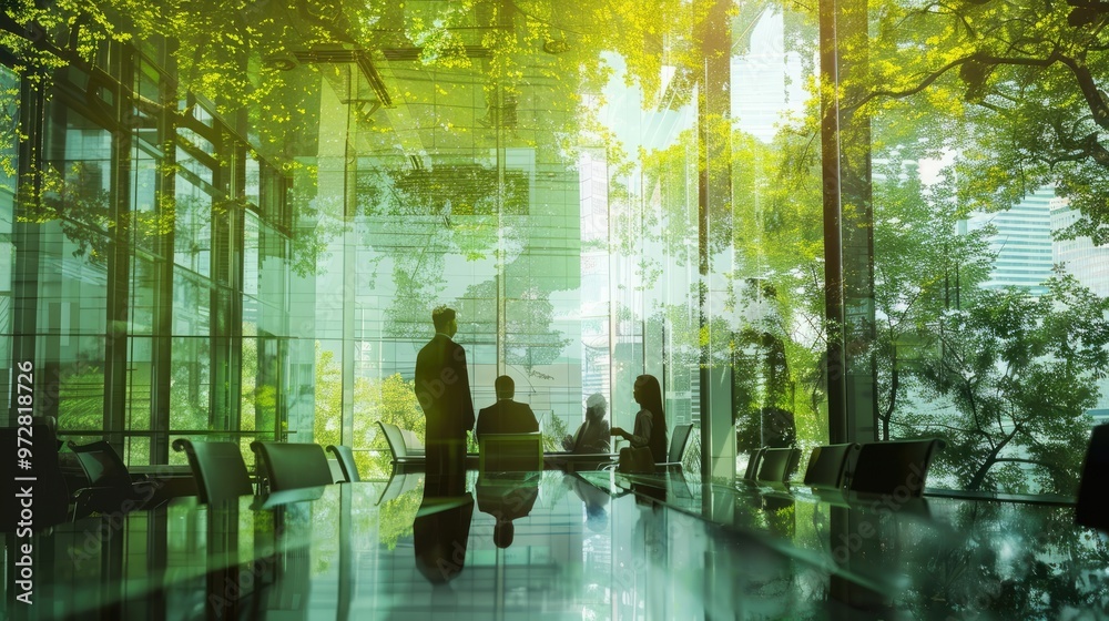 Wall mural blurred background of people walking in a modern office building with green trees and sunlight , eco