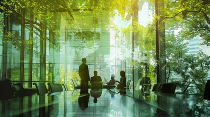 Blurred background of people walking in a modern office building with green trees and sunlight , eco friendly and ecological responsible business concept image with copy space