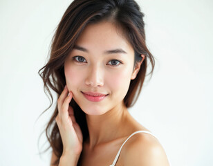 Fototapeta premium Beauty portrait of a young Asian woman in natural light against a plain white background.