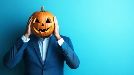 Man in a Suit Wears a Carved Pumpkin Head for Halloween Celebration