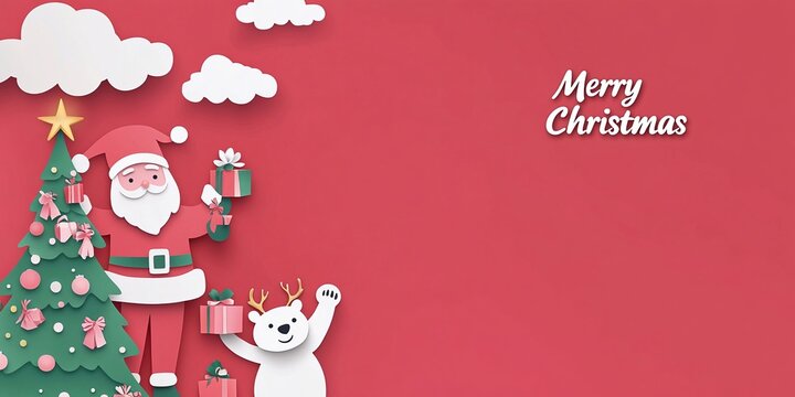 Spazio per il testo. "Buon Natale" si legge come due parole. Illustrazione vettoriale con albero e Babbo Natale - Powered by Adobe