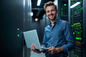 Portrait of Happy Engineer using Laptop in Data Center Server Room