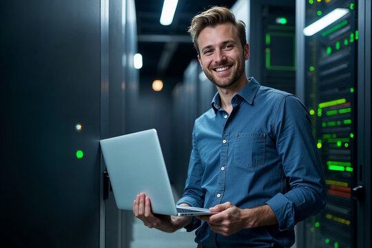 Portrait of Happy Engineer using Laptop in Data Center Server Room