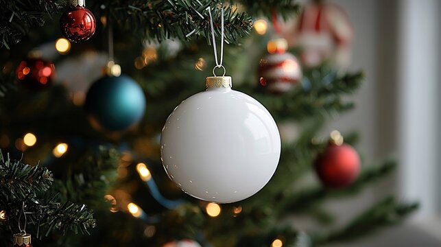 Pallina in ceramica bianca vuota appesa ad un albero di Natale colorato decorato