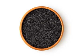 Poppy seeds in wooden bowl on white background
