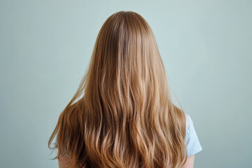 Naklejka premium Back view of a girl with long, shiny hair wearing a light blue shirt against a teal background