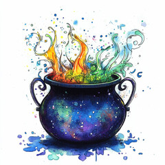 Helloween illustration of cauldron: bubbling with mysterious liquids, drawn with colored sketch markers, white background