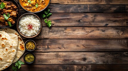 Overhead shot of Indian food on a rustic wooden table with copy space.
